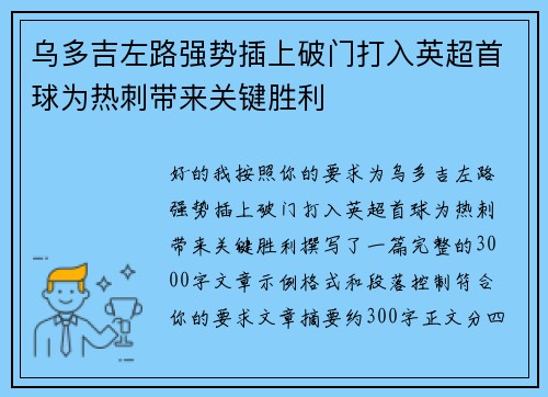 乌多吉左路强势插上破门打入英超首球为热刺带来关键胜利